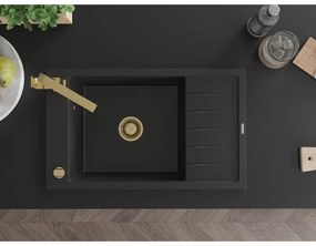 Mexen Elias, gránit mosogató gránit 795x480x200 mm, 1 kamrás, fekete arany szifonnal és arany Rita mosogató csapteleppel, 6511-77-670300-50