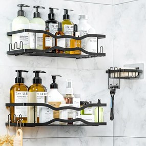 3 Db-os Zuhanypolc Szett Fúrás Nélkül Rozsdamentes Acél Black Amcetop