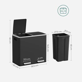 Dupla szemetes, 2 x 24 literes, 2 rekesszel, fekete