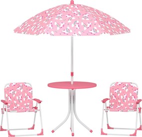 AIYAPLAY 4 részes gyerek kerti asztal- és szék szett — összecsukható székek, levehető napernyő, unikornis és szivárvány mintás, rózsaszín | Aosom
