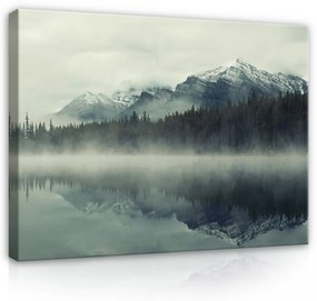 Vászonkép, Ködös tó a hegyek alatt, 100x75 cm méretben