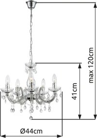 Globo 63116-5 Csillár króm, akril viztiszta, ø: 440, H:1280, exkl. 5xE14 40W 230V