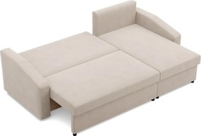 Zeus sarokkanapé, 2 ágyneműtartóval, döntött kartámasz, bársony, univerzális oldal, hab töltet, bézs