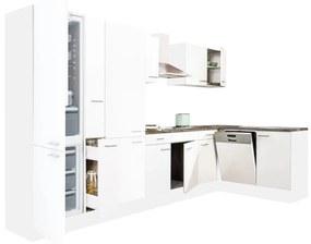 Yorki 370 sarok konyhabútor fehér korpusz,selyemfényű fehér fronttal polcos szekrénnyel és alulfagyasztós hűtős szekrénnyel