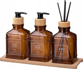 Fürdőszoba szett Üveg 2 adagoló Diffúzor Bambusz tálcával 7X7X13 CM