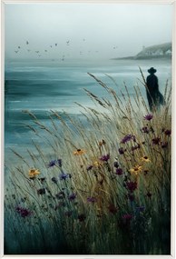 Poszter Keret Alumínium Tájkép Tenger Part Hullámok Virágok Fű Figura 40x60