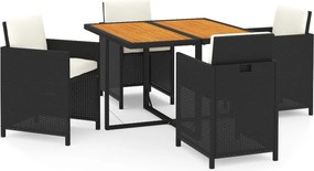 vidaXL 5 részes fekete polyrattan kerti étkezőgarnitúra párnákkal