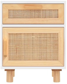 Fehér tömör fenyőfa és természetes rattan éjjeliszekrény