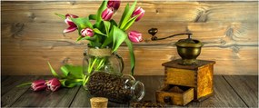 Tulipánok, daráló és kávé képe (120x50 cm)
