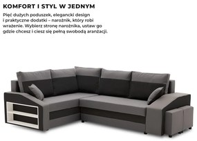 Grande sarokkanapé polcokkal és puffokkal , polc a bal karfaban puffok a jobb karfaban, baloldali, szövet anyag, bonell töltet, szürke - fekete