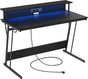 Számítógép asztal, gaming asztal, beépített LED fénnyel és elosztóval, fekete, 60x120x76cm