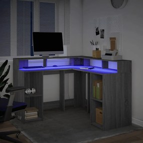 szürke sonoma színű szerelt fa LED-es íróasztal 130x130x91 cm