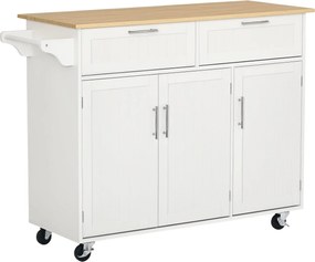 HOMCOM Konyhai Sziget Kerekekkel Konyhai Kocsi Konyhai Oldalszekrény 2 Fiókkal 3 Ajtóval - 121x46x91 cm Tölgy és Fehér | Aosom