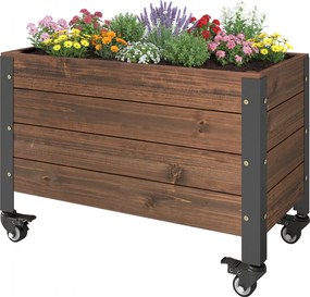 Outsunny emelt fa virágláda kerekekkel — téglalap alakú magaságyás fűszernövényeknek és zöldségeknek, 60 × 30 × 41 cm, sötétbarna | Aosom