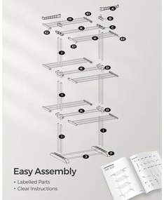 összecsukható 4 szintes ruhaszárító állvány, mozgatható, 64 x 126 x 172 cm, rozsdamentes acél, lehajtható szárnyakkal, szürke