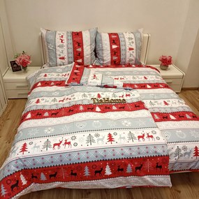 Pamut lepedők Karácsonyi hóember piros TiaHome - 1x Párna 90x70cm, 1x Paplan 140x200cm