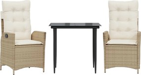 vidaXL 3 részes bézs polyrattan kerti étkezőgarnitúra párnákkal