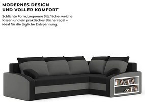 Grande sarokkanapé polcokkal , polc a jobb karfaban, jobboldali, szövet anyag, hab töltet, fekete - szürke