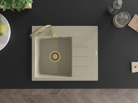 Mexen Ben gránit mosogató 1-medencés csepptálcával, balos 600 x 500 mm, bézs, arany szifon - 6522605000-69-G