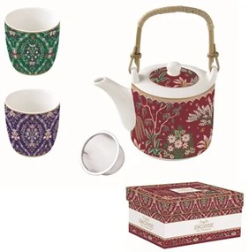 R2S.1467ECLE Porcelán teáskanna 600ml, fémszürővel, 2 porcelánpohárral 160ml, dobozban, Atmosphere, Eclectic Chic