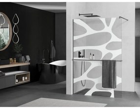 Mexen Kioto+, Walk-In zuhany paraván polccal és akasztóval 120 x 200 cm, 8 mm átlátszó üveg fehér mintás, grafit profil, 800-120-121-66-97