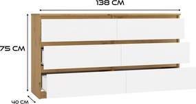 M6 140 fiókos szekrény, 138x75x40 cm, tölgy-fehér