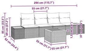 5 Rész Kerti Kanapé Szett Párnákkal Bézs Poli Rattan Akáciából