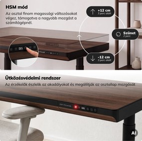 Elektromos ülő-álló íróasztal fiókkal és Qi vezeték nélküli töltővel fekete/dió, 1400 mm: ELLIS