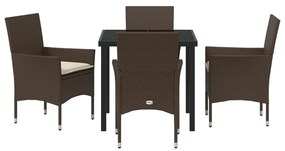 5 Részes Kerti Étkező Szett Párnákkal Barna Poli Rattan, Kerti Asztal Fekete 80x80x73 cm Edzett Üveg