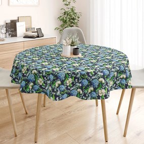 Goldea pamut asztalterítő - kék színű hortenzia virágok - kör alakú Ø 100 cm