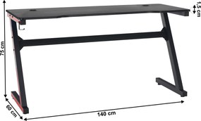 Gamer asztal/számítógépasztal, fekete/piros, MACKENZIE 140cm