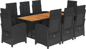 vidaXL 9 részes fekete polyrattan kerti étkezőgarnitúra párnákkal