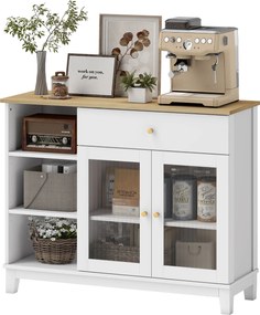 HOMCOM Barázdált Üveg 2-Ajtós Tálaló Modern Nappali Tálaló Fiókkal, Nyitott Rekeszekkel és Állítható Polcokkal Étkezőbe Fehér 100x35x80,3 cm | Aosom