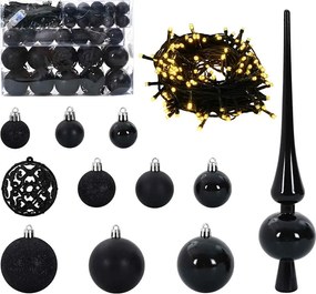 vidaXL Karácsonyi Díszgömb Készlet 150 LED-del 61 pcs Fekete Műanyag