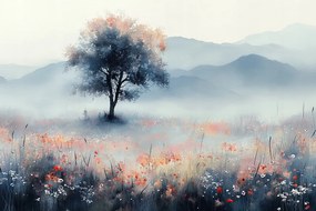 Fotótapéta Flizelina Tájkép Hegyek Rét Virágok Fa Köd 312x219 ragasztó