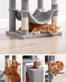 Macska kaparófa, két cicaházzal, pihenőhelyekkel és függőággyal 49×40×150cm, szürke