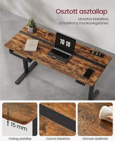 Elektromos magasságállítható íróasztal 140 × 60 cm, konnektorokkal és USB-portokkal, vintage barna-fekete