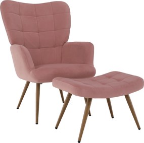 Fotel lábtartóval, rózsaszín Velvet szövet/tölgy, HABEN