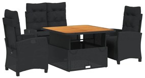 vidaXL 4 részes fekete polyrattan kerti étkezőszett párnákkal