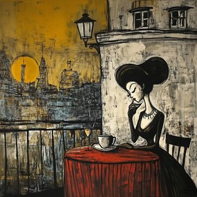 Vászonkép Canvas Város Erkély Terasz Nő Hölgy Kávé Bor 40x40