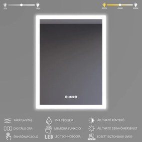 Álló fürdőszobai LED tükör 60x80cm | Páramentesítő - Óra - Fényerő és színhőmérséklet szabályozás | Welland Luxury-Line