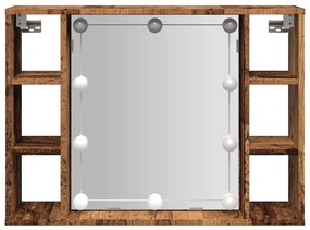 antik fa színű szerelt fa tükrös szekrény LED-ekkel 76x15x55 cm