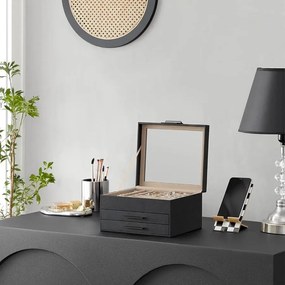 Ékszerdoboz üvegtetővel, 3 fiókos ékszertartó, fekete