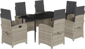 vidaXL 7 részes világosszürke polyrattan kerti étkezőszett párnával