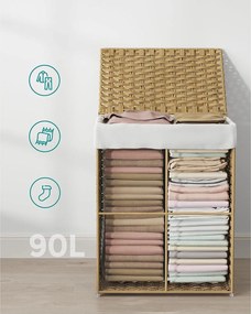 Szennyeskosár, 90 literes, szintetikus nádszövet, mosodai kosár fedéllel és fogantyúval