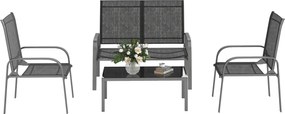 Outsunny 4 részes Kertibútor Szett 2 fős Kültéri Loveseat-el, Állítható Támlával, 2 Székkel és Üvegasztallal, Acél és Textilén Vízálló Bútor Szett, Fe