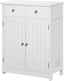 Kleankin Fürdőszoba Tároló Szekrény 2 Fiókkal és 2 Ajtóval, Állítható Polccal, Modern Stílusú, 60x30x75 cm, Fehér | Aosom