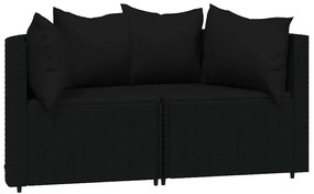 2 db fekete polyrattan kerti sarokkanapé párnákkal