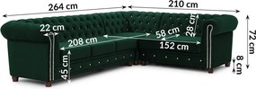 Zöld bársony kinyitható sarokkanapé (jobb oldali-L alakú) York Blik – Ropez