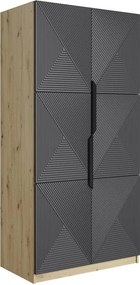 Asha ruhásszekrény, bordázott előlappal és fém fogantyúkkal - 100 cm - artisan tölgy / matt riviér kő / fekete fogantyúk